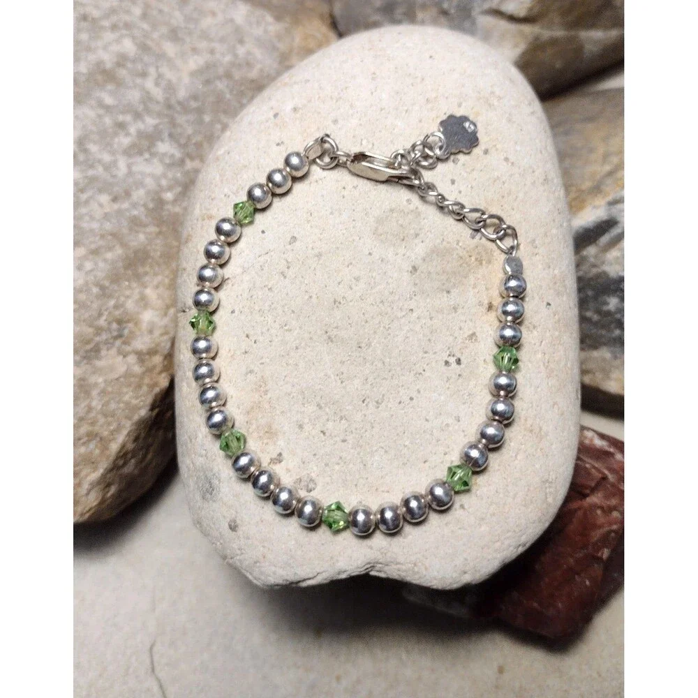 Sterling Silver .925 Green Crystal Beaded Shamrock Charm Bracelet Irish